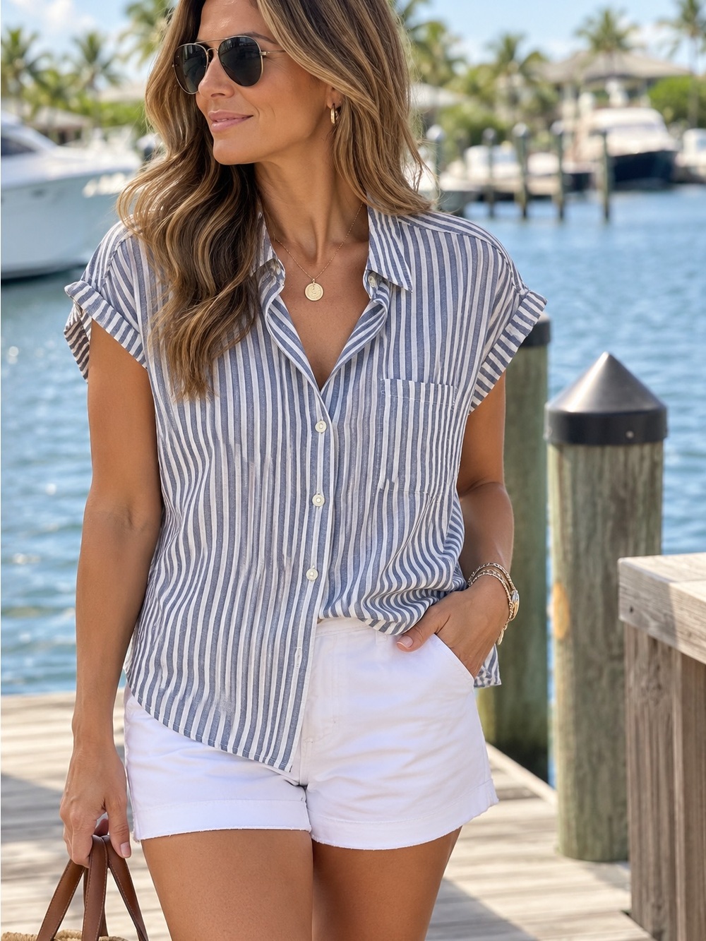 ORVIS Casual Blue-White Striped Button-Up Shirt for Women M